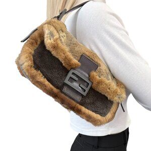 FENDI Vintage FF Logo Mamma Baguette Fur Shoulder Bag Brown Leather [106465]